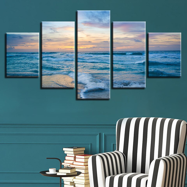 Bedroom Wall Decor Art Paintings HD Printing Modern 5 Pieces Blue Sea ...