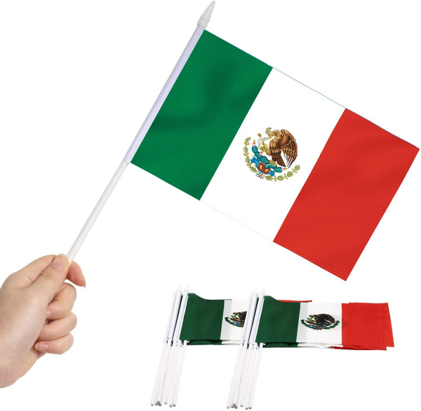 Anley Mexico Mini Flag 12 Pack - Hand Held Small Miniature Mexican Flags on  Stick - 5x8 Inch with Solid Pole & Spear Top