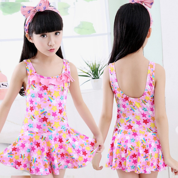 Girls One Piece Swimsuits Skirt Suit Print Flowers Children Swimwear Princesss Kids Beach Dress