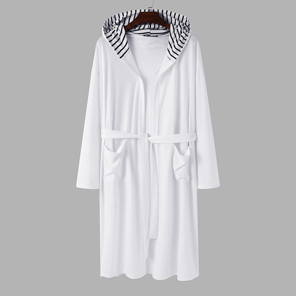 Men's striped hooded cotton robe, lightweight knitted bathrobe, soft ...