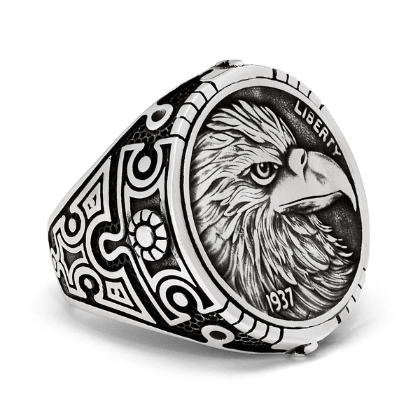 Men's American Eagle Coined Signet Ring 1937 Liberty Sterling Silver 