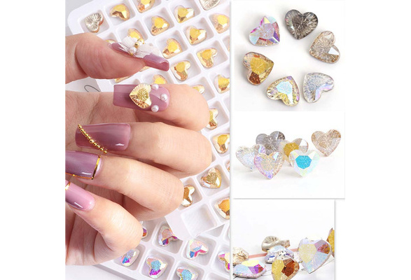 6PCS 12mm Curved Bottom Large Crystal 3D Nail Rhinestones Nail Charms Love  Heart Shape Diamond Bling Big Nail Crystal Gem Stone DIY Nail Accessories