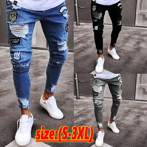 Men's Jeans Trendy Knee Holes Zipper Pants Holes Slim-fit Men's Denim ...