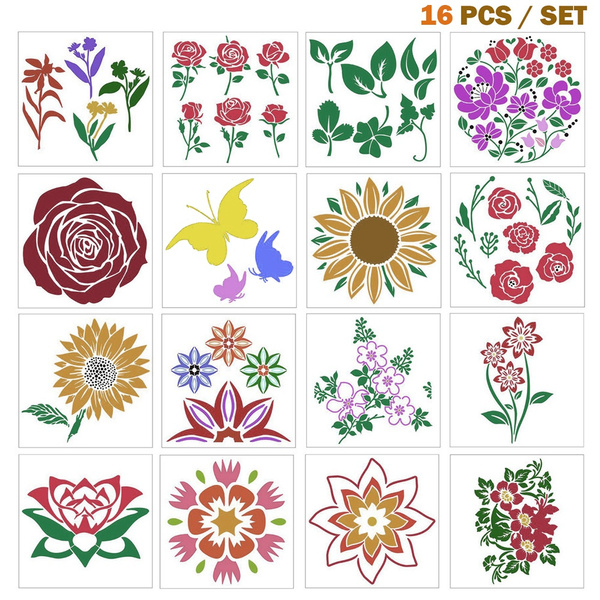 16PCS Flower Stencils Templates for Painting on Wood, Walls & Canvas - Rose  Sunflower Flower Stencil Set for Painting and Drawing Art & Home Decor