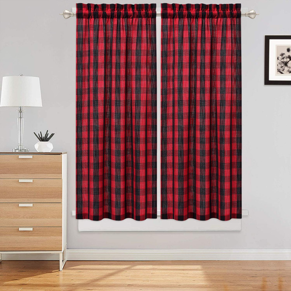 Cafe Curtains 45 Inch Length Buffalo Plaid Gingham Pattern Rod Pocket Half Window For Kitchen Bathroom Curtain Black And Red Yarn Dyed Fabric Set Of 2 Wish Kitchen Bathroom Window Curtain, Red Gingham Curtains Long Length