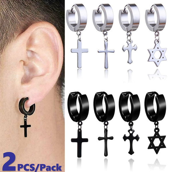 Mens Black Stainless Steel Cross Earrings Studs With Black Cubic Zirco