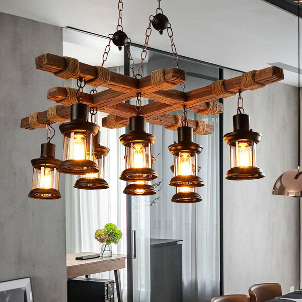 8 Heads Wood Chandelier Iron Ceiling Lamp Industrial Rustic Pendant Retro Light Wish 8 Heads Wood Chandelier Iron Ceiling, Chandelier Wooden Retro Rustic Pendant Light