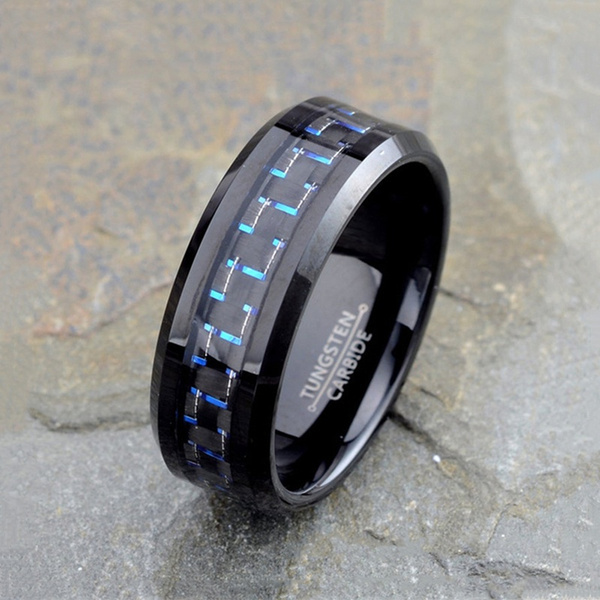 Bling Jewelry Mens Tungsten Wedding Band Blue Carbon Fiber Checker