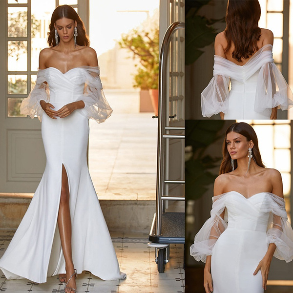 Woman Fishtail Wedding Dress Mesh Long Sleeve Low-cut Dress White Sexy Long  Slit Evening Dress Long Dress Abito Da Sposa | Wish