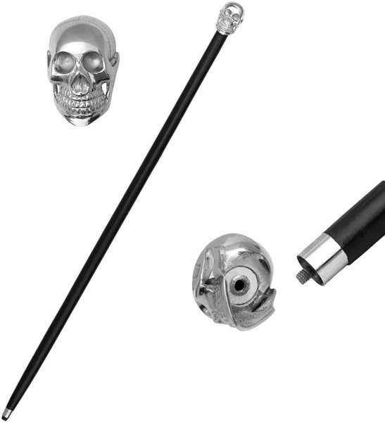 Nickel Plated Silver Skull Head Handle Walking Stick 36 Inch Mens and Womens Walking Cane
