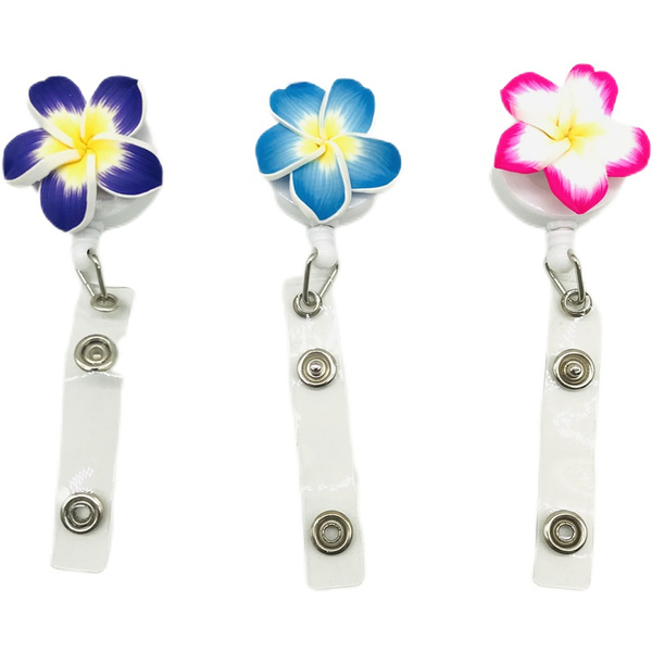 1Piece Plumeria Clay Flower Badge Reel Retractable Badge Holder For Nurse Pediatric Nursing Badge Reels Applique ID Kawaii Gifts