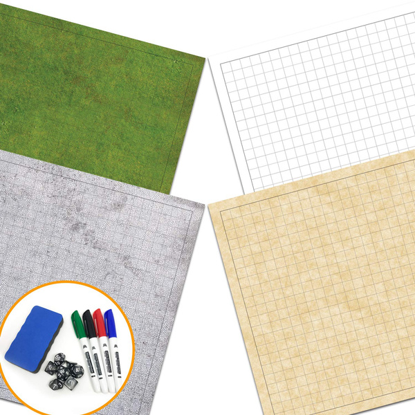 2 Pack Dry Erase Double sided 36" x 24" + 4 4 Terrains RPG Battle Game Mat 