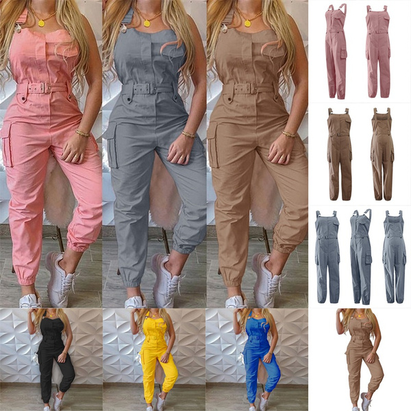 Wish Women Fashion Casual Long Cargo Pants Jumpsuits Comfy Solid Color Bodysuit Onesies Sleeveless Pockets Design Long Strap Rompers Trousers