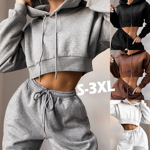 Hoodies For Women Fashion Two-piece Sets Solid Color Long Sleeve Tops  Lace-up Casual Pants Loose Sweatsuit