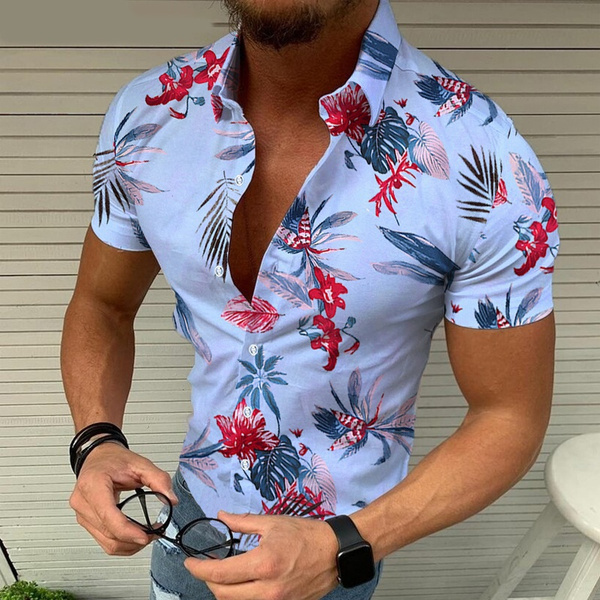 Fashion Short Sleeve T-Shirt Casual Slim  Men's Tee Beach Summer Lapel Collar 