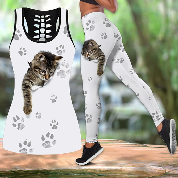 Summer Style Baby Cat combo outfit legging + hollow tank for women Fitness  Women Leggings Cute Cats Printed Leggings Slim Workout Leggings Ankel  Length Pants