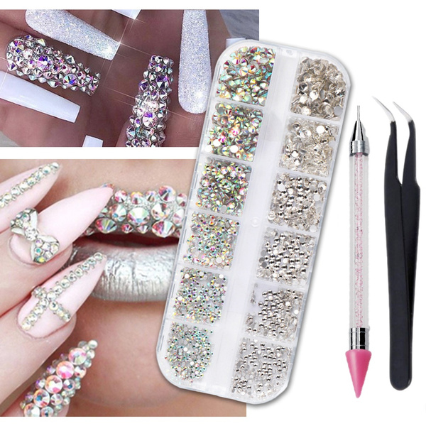 12 Girds Nail Rhinestones AB Crystal Glitter Sliver Diamond Manicure 3D Gems