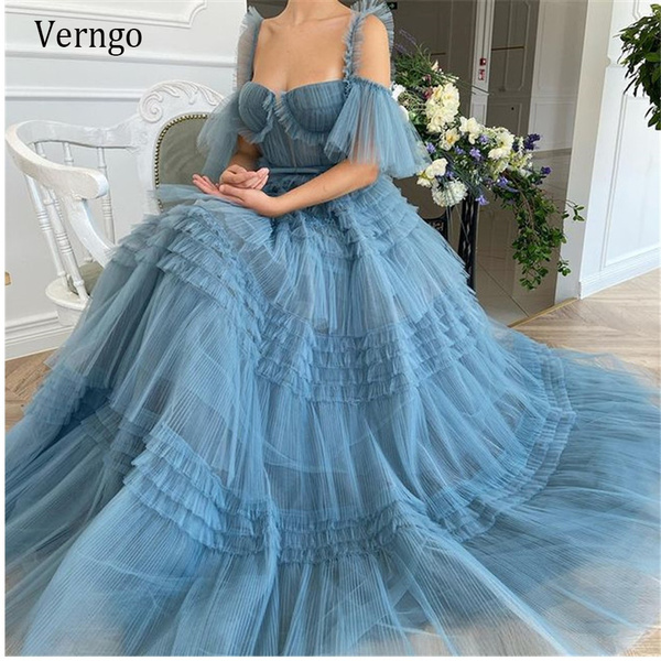 Verngo Design Dusty Blue Tulle Long Evening Dresses Off Shoulder