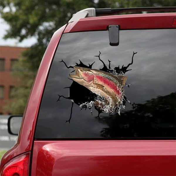 A Giant Trout Fishing Are Jumping Out Of Car Window Sticker For Yourself  And Fishing Lovers Car Decal Size 6 To 14