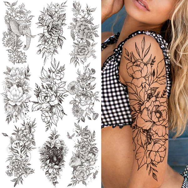 1PC 3D 210*114 MM Realistic Fake Peony Temporary Tattoos for Women Girl  Black Rose Elephant Flower Tattoo Sticker Tiger Anemone Tatoos Half Sleeve  | Wish