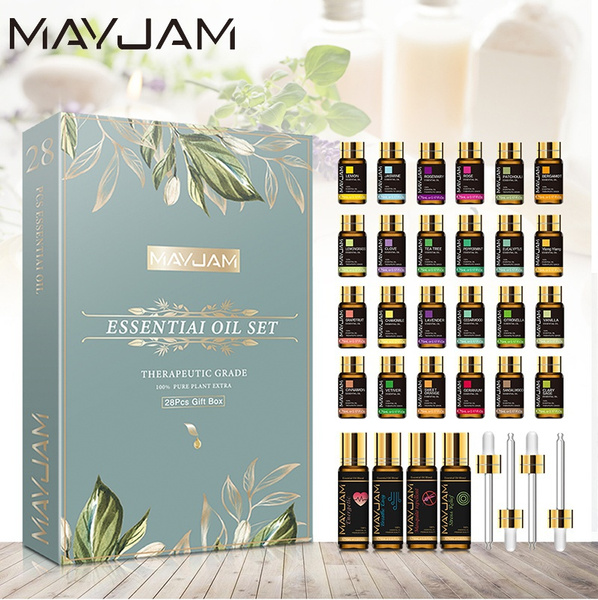 MAYJAM Pure Essential Oils 28pcs Gift Set Natural Plant Aroma Essential Oil  Diffuser DIY Soap making Eucalyptus Massage Vanilla Mint Lavender Rose Tea 