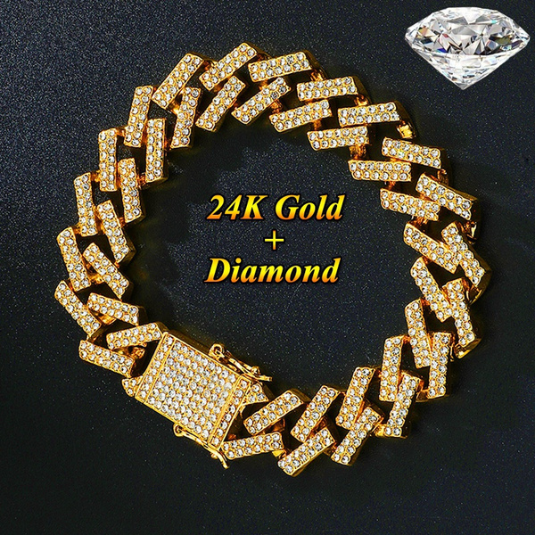 Mens Fashion 24K Gold Plated Solid Stainless Steel Chain Iced Diamond ...