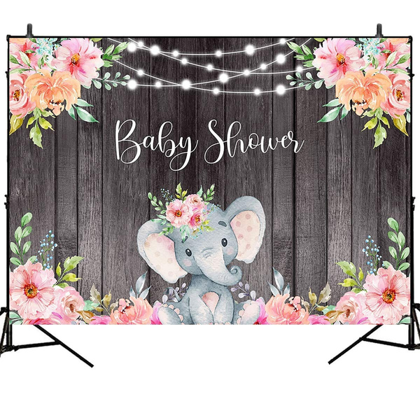Elephant Baby Shower Background Pink Baby Girl Elephant Backdrop 7X5ft  Vinyl String Lights Wooden Floral for Girl Birthday Party Banner Backdrops  | Wish