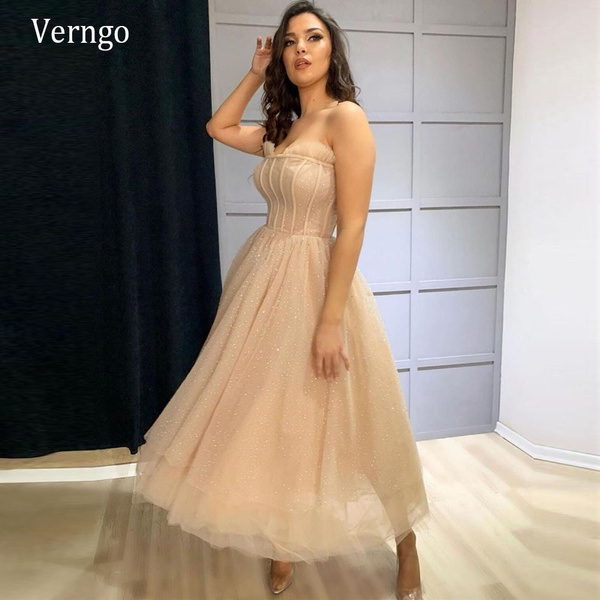 Verngo Champagne Beads Tulle Evening Party Dresses A Line Strapless Corset  Short Prom Dress Ankle Length Formal Gowns