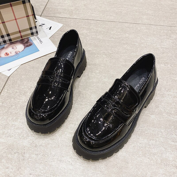 Thick Bottom Black Loafers For Women Spring Casual Shoes Slip On