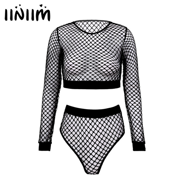 Women's Exotic Hollow Out Fishnet Lingerie Suit Two-Piece Underwear  Nightwear Crew Neck Long Sleeve Crop Top With Briefs