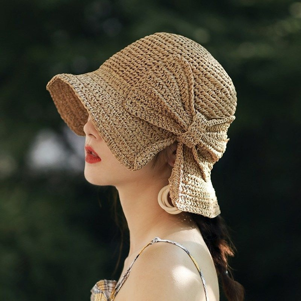 100% Raffia Bow Sun Hat Wide Brim Floppy Hats Women Beach Panama