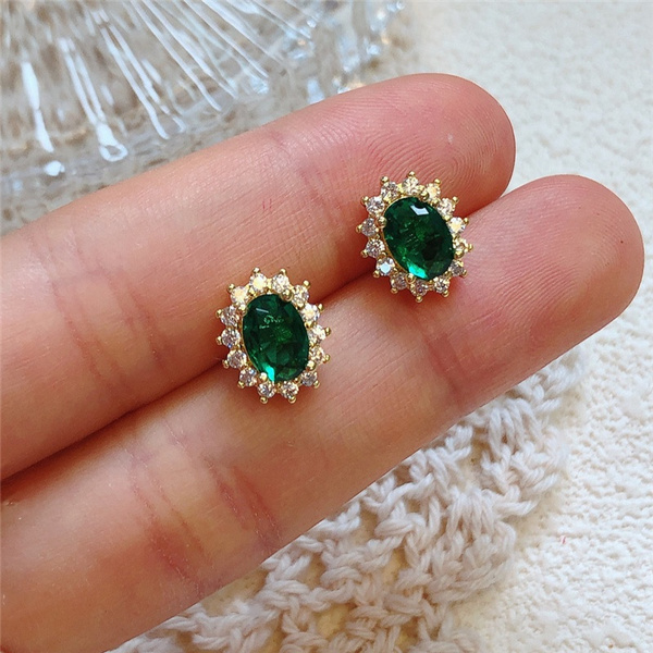 14k Yellow Gold Oval Emerald And Diamond Earrings