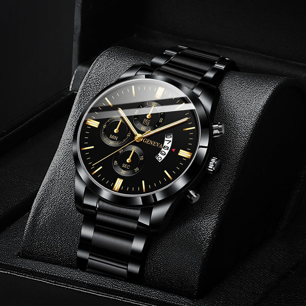 Fashion Mens Watches Luxury Black Stainless Steel Quartz Wrist Watch Man  Business Watch for Men Calendar