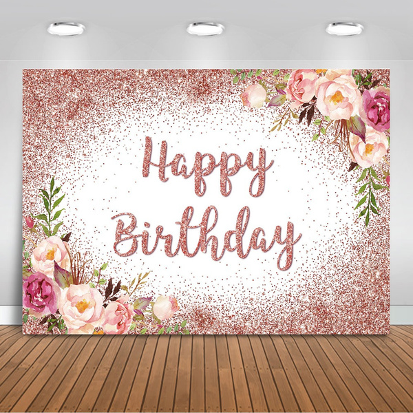 Mocsicka Rose Gold Glitter Happy Birthday Backdrop Floral Watercolor ...