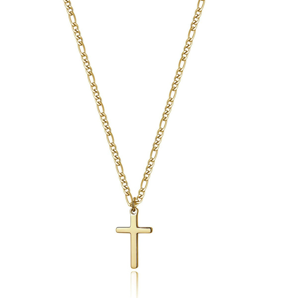 14K Gold Filled Cross Necklace for Men Figaro Chain Stainless Steel Plain Polished Cross Pendant Necklace Simple Faith Jewelry Gift for Boy Women Girls 16-24 Inches 