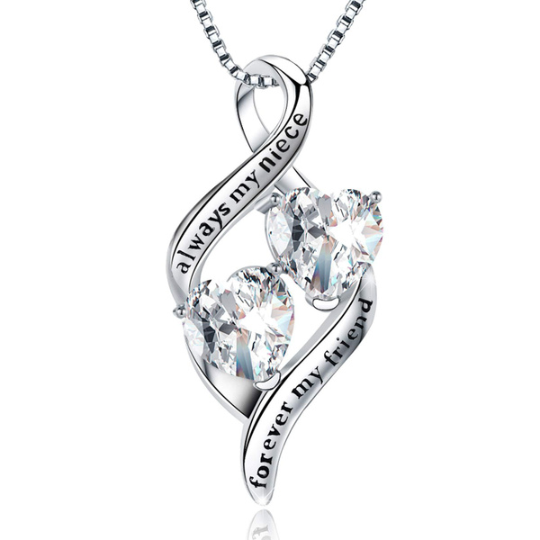 925 Sterling Silver Twin Love Heart Pendant Necklace Gift for Her Wife Daughter 