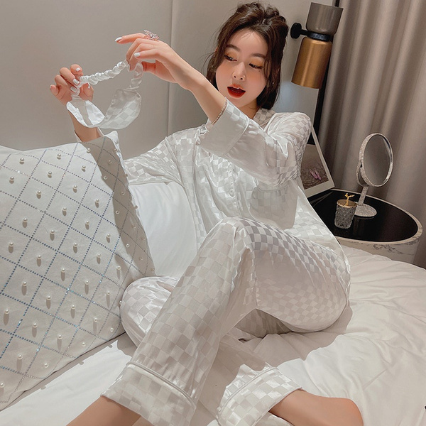 2 Pieces/set Stain Silk Pajamas Woman Pajamas Set Spring Summer Sleepwear  Jacquard Long Sleeves Women's Home Clothes