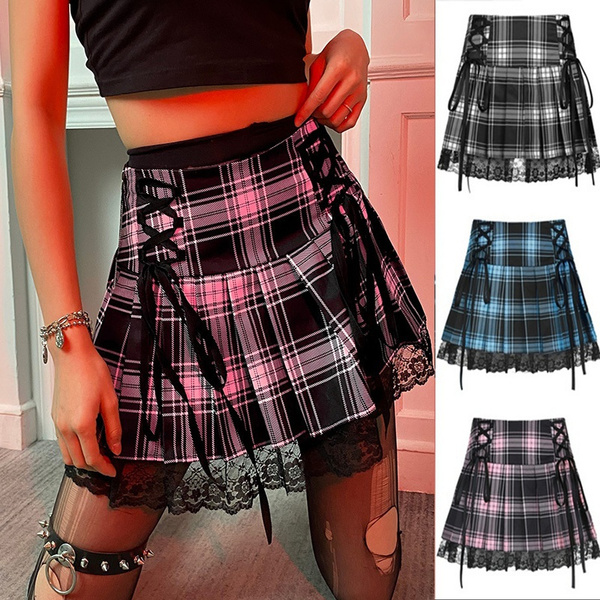 Lace Gothic Woman Skirts Blueblackpink Stripe Plaid Lace Trim Pleated