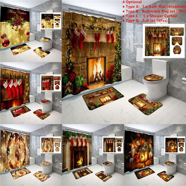 2021 Red Bell Christmas Bathroom Set Waterproof Shower Curtain Non-Slip ...