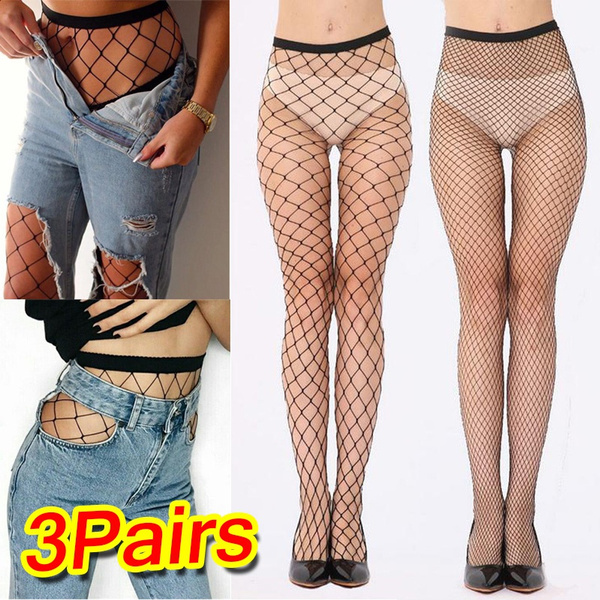 3 Pairs Women's High Waist Fishnet Tights Black Sexy Stockings