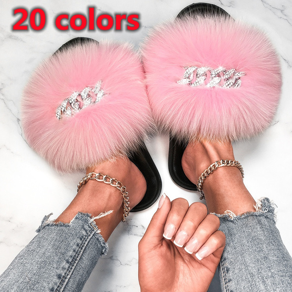 Women Real Fox Fur Slippers Flat Shoes Fluffy Flip Flop Slippers Slider Sandals