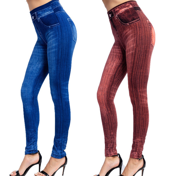 Womens Skinny Fake Jeans High Waist Slim Leggings Denim Stretchy Jeggings  Seamless Yoga Pants