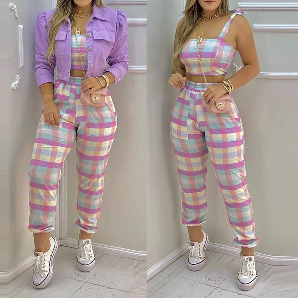 Set Women Fashion Plaid Colorblock Crop 