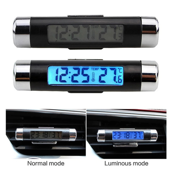 NOPNOG Thermometer Clock 2 in 1 Car Ornament Blue Backlight Digital Display Car Interior Decoration 