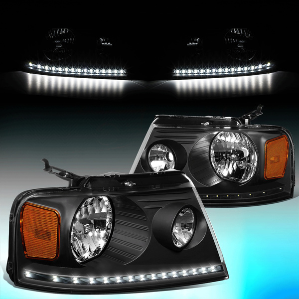 Driver and Passenger Side LED DRL Halogen Headlight Compatible with Ford F-150 Lincoln Mark LT 04-08 Black Housing Clear Corner 