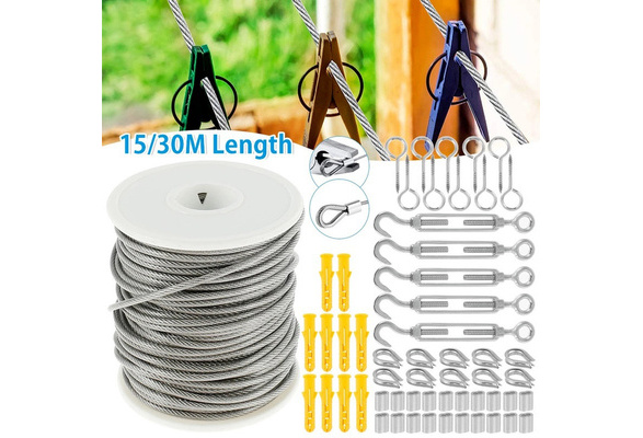 15M/30M Stainless Steel Wire Rope Cable Hooks Hanging Kit Garden Railing  Roll