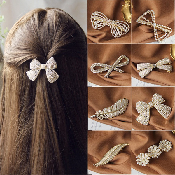 12 Styles Rhinestone Alloy Hairpin Side Bangs Clip Pearl Bow Feather Spring  Clip Women's Korean Bowknot Top Clip Hair Accessories | Wish