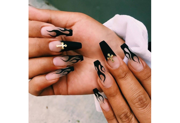 1セットの偽のネイルと接着剤のラインストーン長い取り外し可能なフレンチスティックのネイル棺の炎のプレスネイルアートdiyマニキュアツール Wish