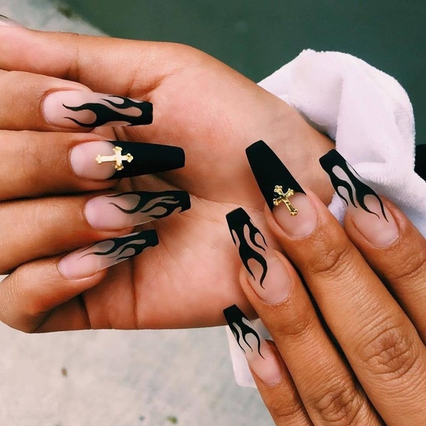 1Set Fake Nails with Glue Rhinestones Long Detachable French Stick on Nails Coffin Flame Press on Nails Art DIY Manicure Tool | Wish 1Set Fake Nails with Glue Rhinestones Long Detachable French Stick on Nails Coffin Flame Press on Nails Art DIY Manicure Tool | Wish