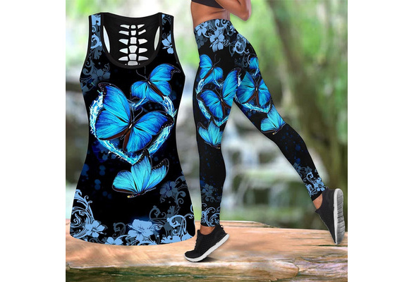 Women's Fashion 3D butterfly flower Print Combo Legging + Tank Top Hollow  Out Tank Top Sleeveless T-Shirts Summer Sleeveless Graphic Shirt S-5XL